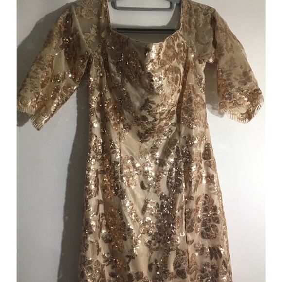 Neiman Marcus Women's Size Medium Beige Floral Sequin Square Neck Evening Dress - Picture 3 of 6